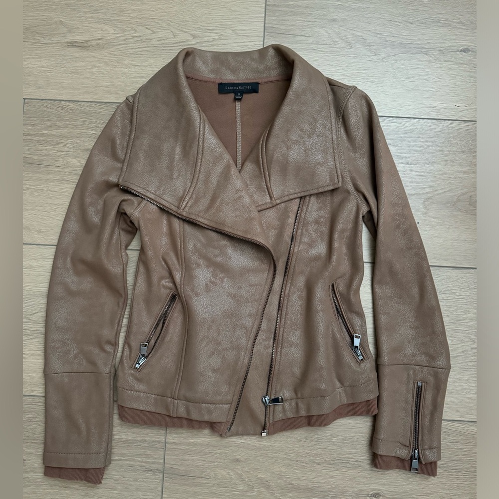 Dance & Marvel Tan Brown Faux Leather Bomber Asymmetrical Jacket Small